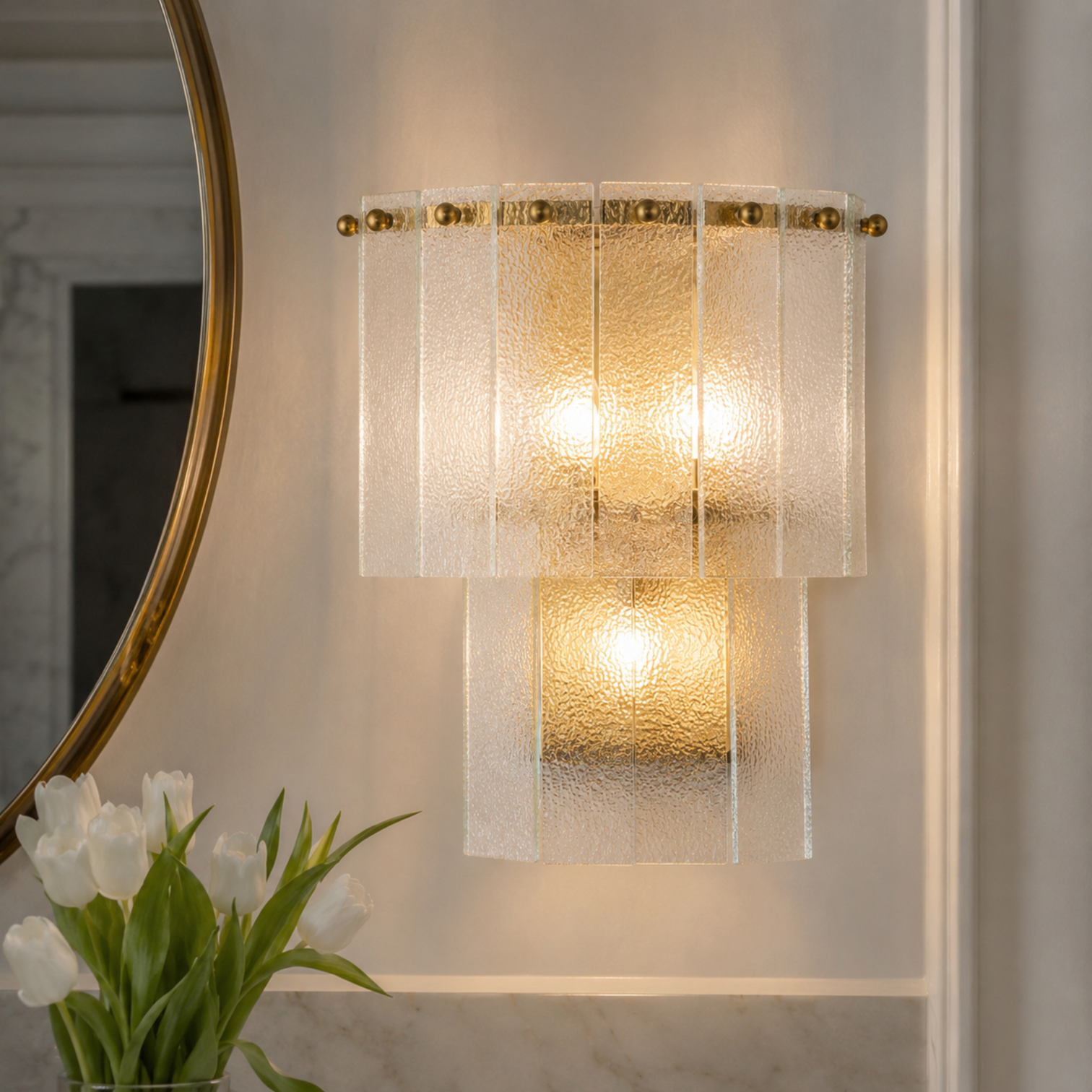 JOANA Interior Designer Aged Brass Wall Light Layered Glass Sconce with LED Bulb Dimmable - 7Pandas Australia