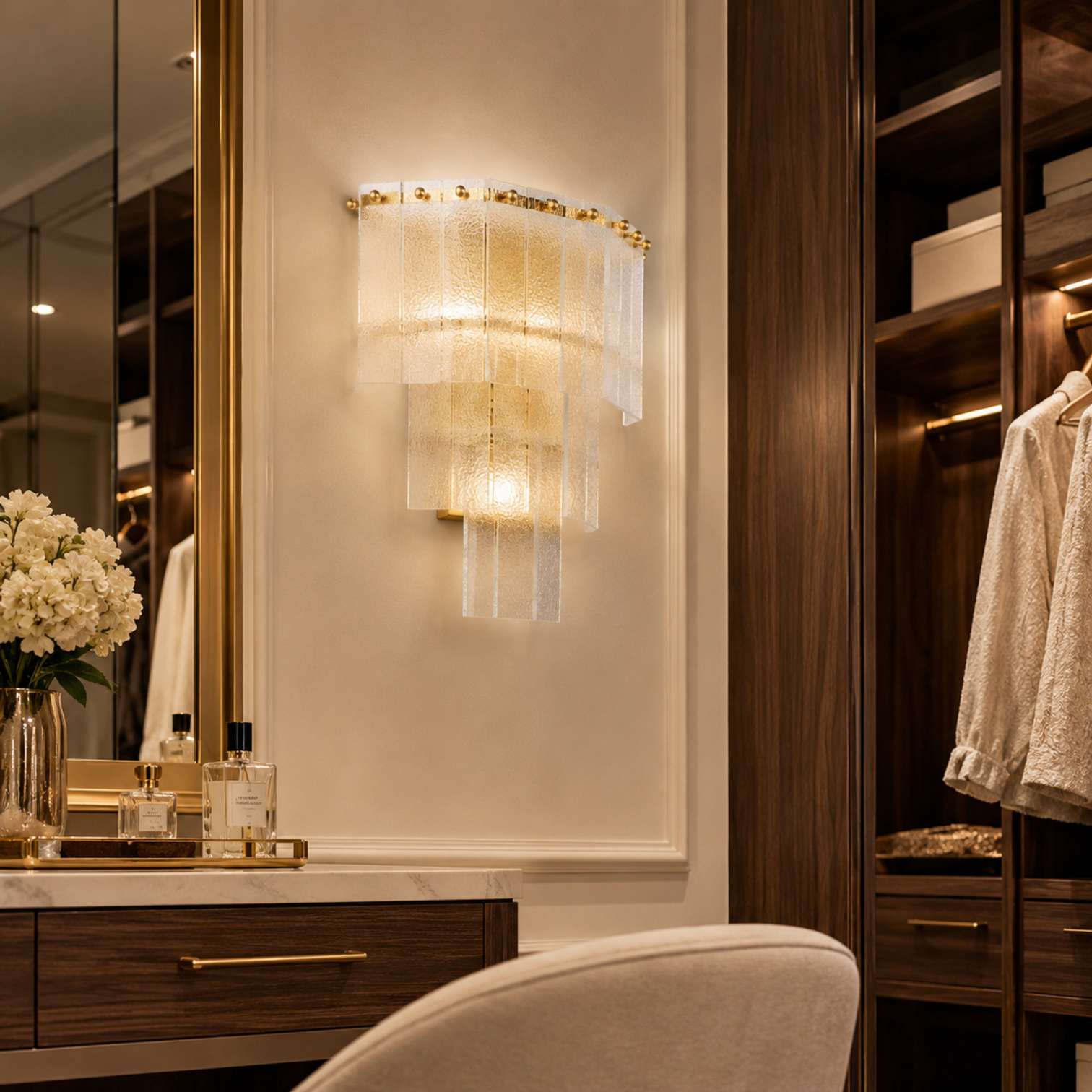 JOANA Interior Designer Aged Brass Wall Light Layered Glass Sconce with LED Bulb Dimmable - 7Pandas Australia