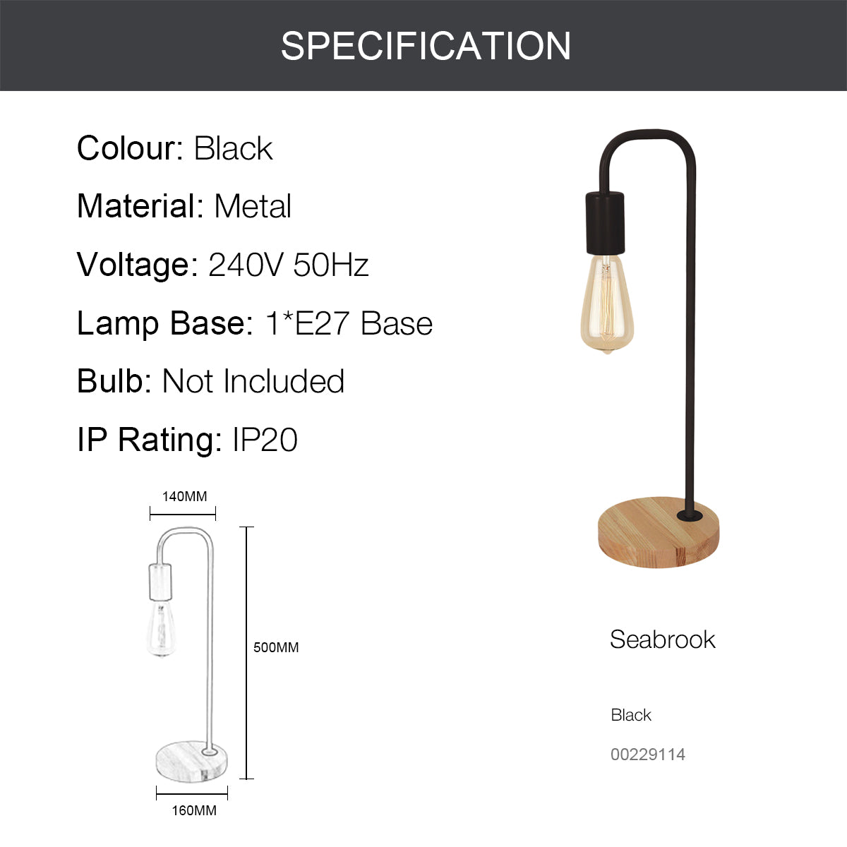 SEABROOK Nordic Style Stylish Table lamp with wood Base E27 Black White - 7Pandas Australia