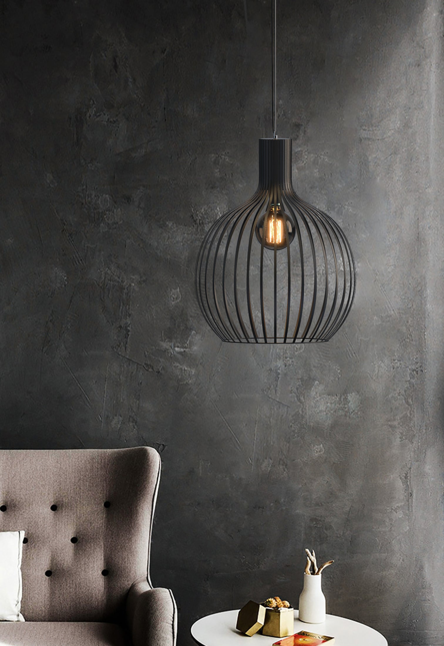 BOLLE Dia 38cm Contemporary Vintage Style Metal Cage Pendant Light Matt Black E27 - 7Pandas Australia