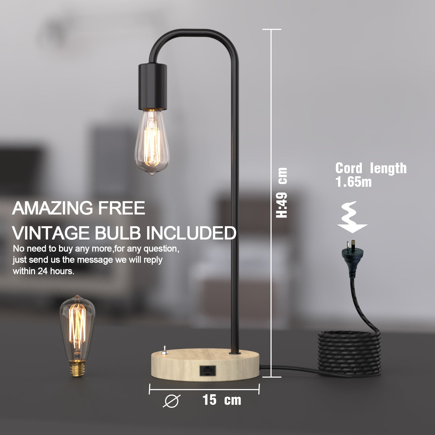 2PACK Nordic Style Table Lamps with 2 USB Ports Charging E27 Vintage EDISON Bulbs Included - 7Pandas Australia