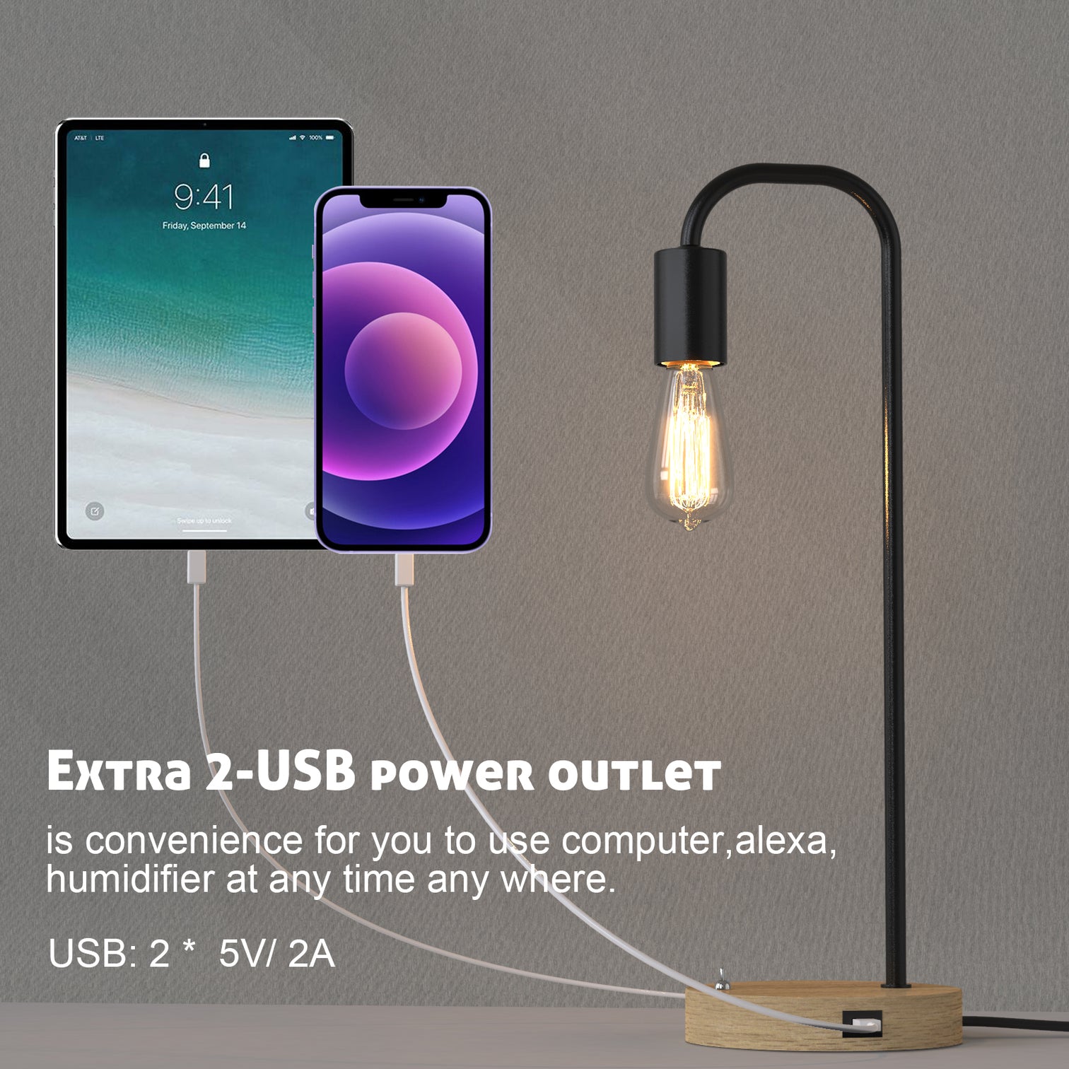 2PACK Nordic Style Table Lamps with 2 USB Ports Charging E27 Vintage EDISON Bulbs Included - 7Pandas Australia