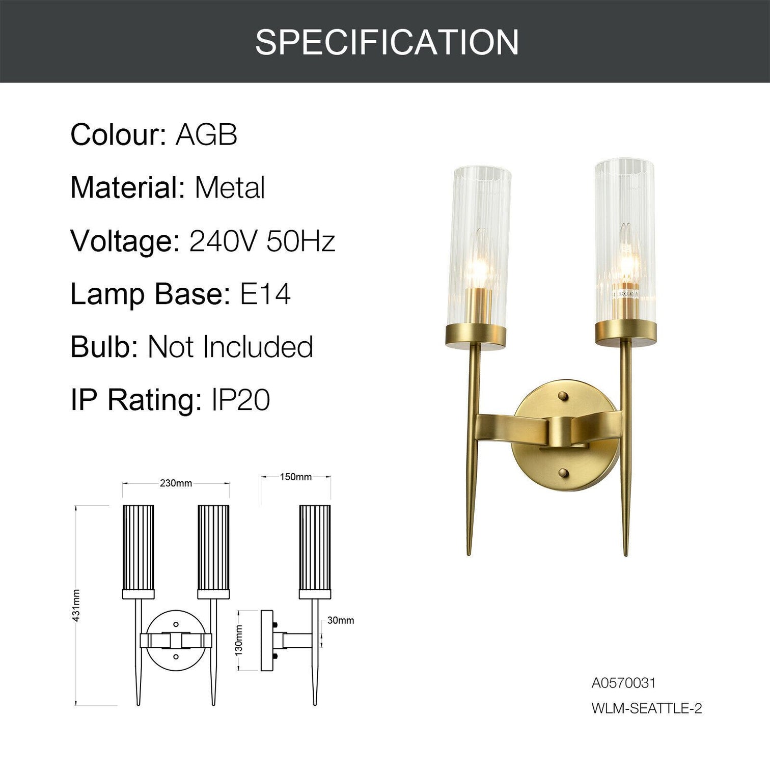 SEATTLE Modern Stylish Interior Wall Light Aged Brass E14 - 7Pandas Australia