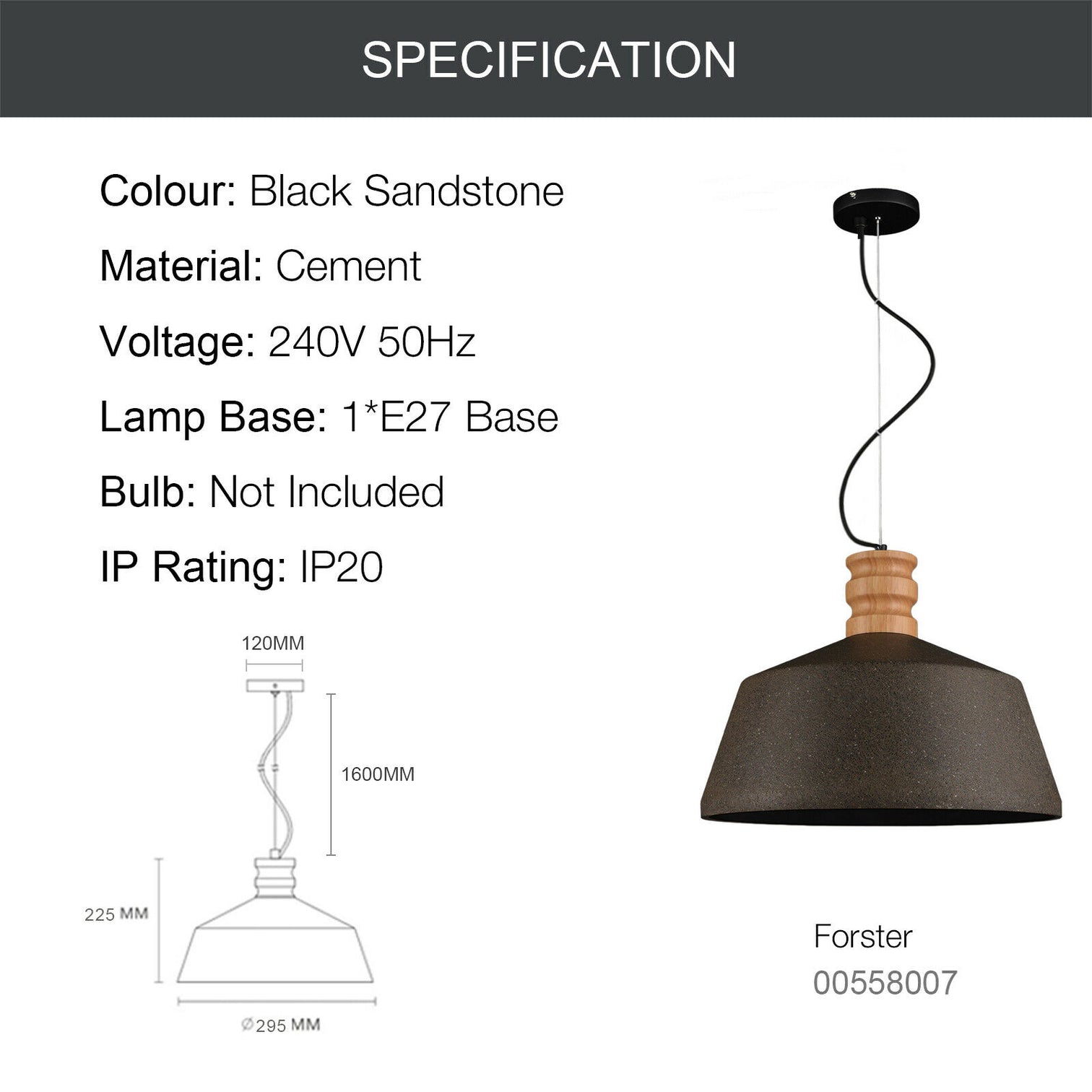 Stylish Concrete Pendant Light Dia 295mm timber Industrial Style Sand Black E27 - 7Pandas Australia