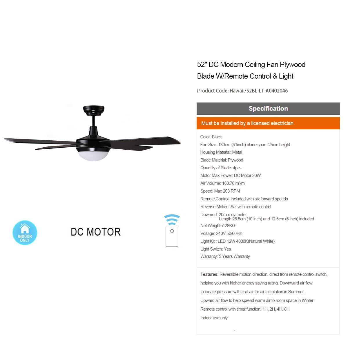 HAWAII 132cm / 52 inch 4 Blade DC Modern Ceiling Fan with LED light 4000K Black - 7Pandas Australia