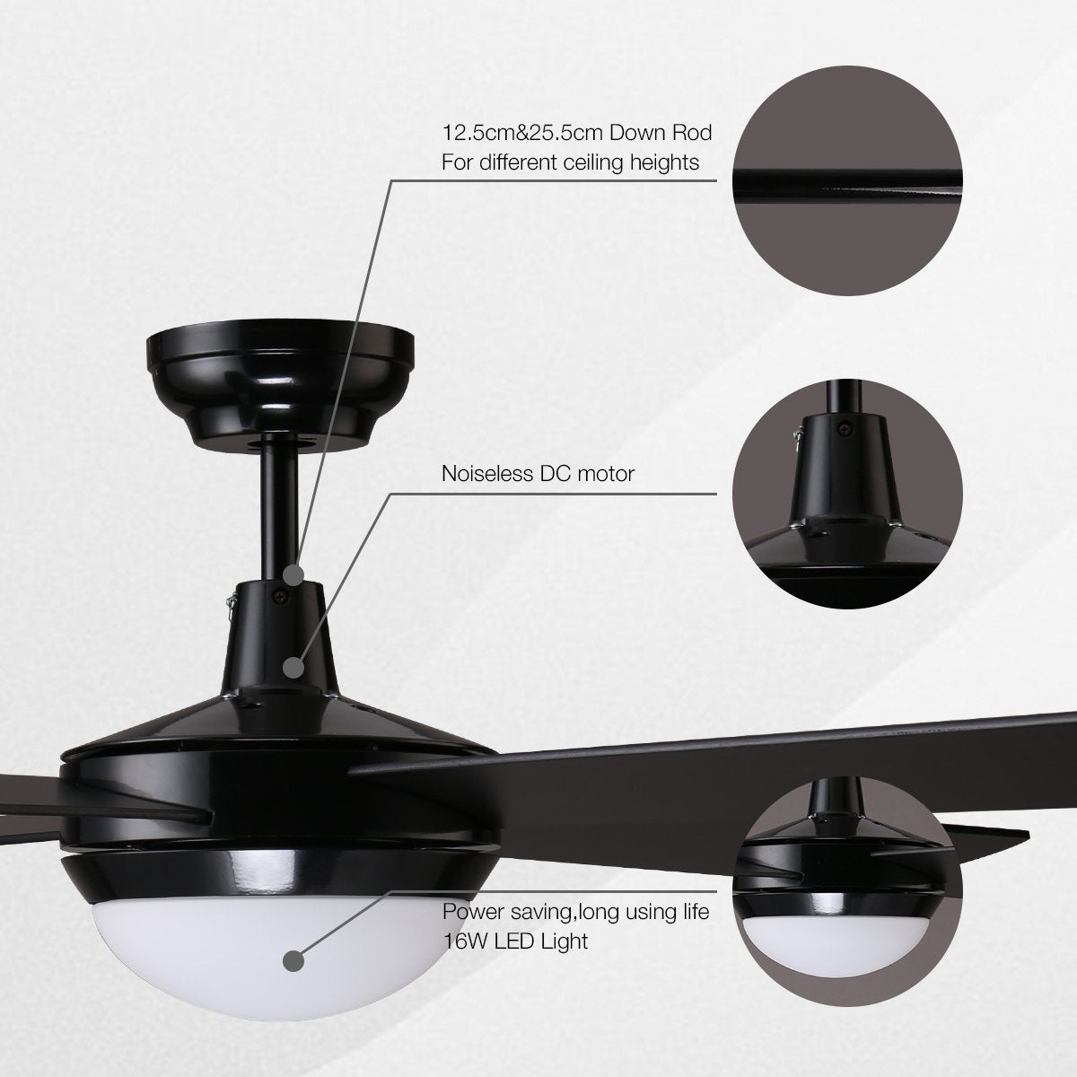 HAWAII 132cm / 52 inch 4 Blade DC Modern Ceiling Fan with LED light 4000K Black - 7Pandas Australia