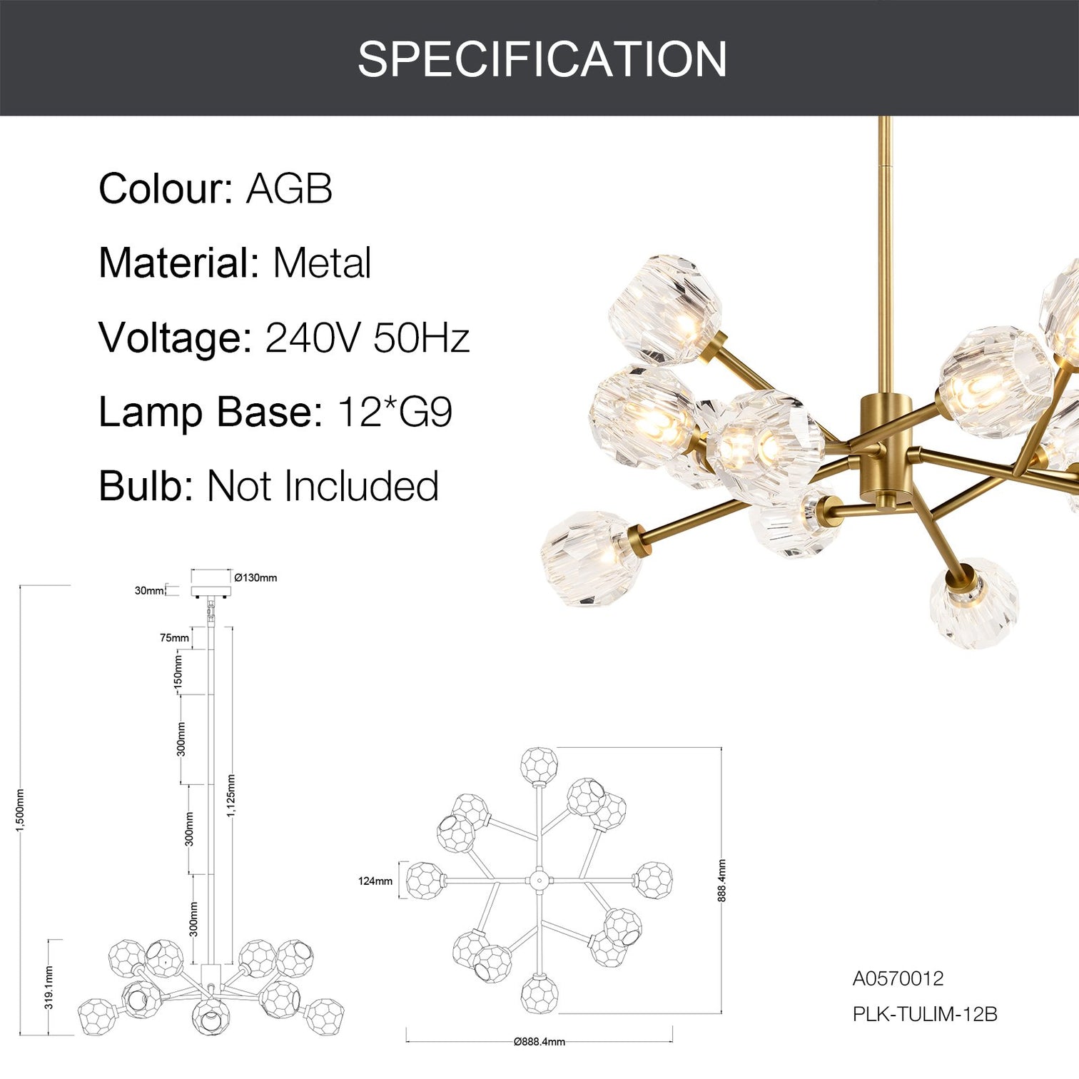 TULIM 12-Light Crystal Chandelier Aged Brass G9 - 7Pandas Australia