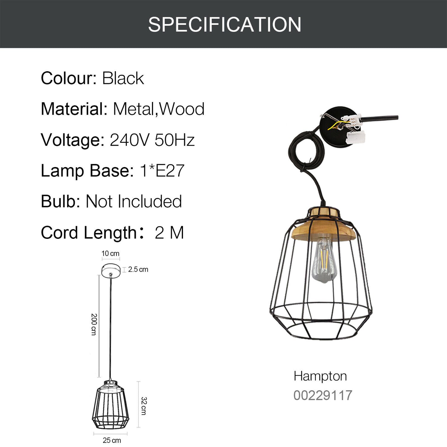 HAMPTON Industrial Cage Pendant Light Vintage Style E27 Black - 7Pandas Australia