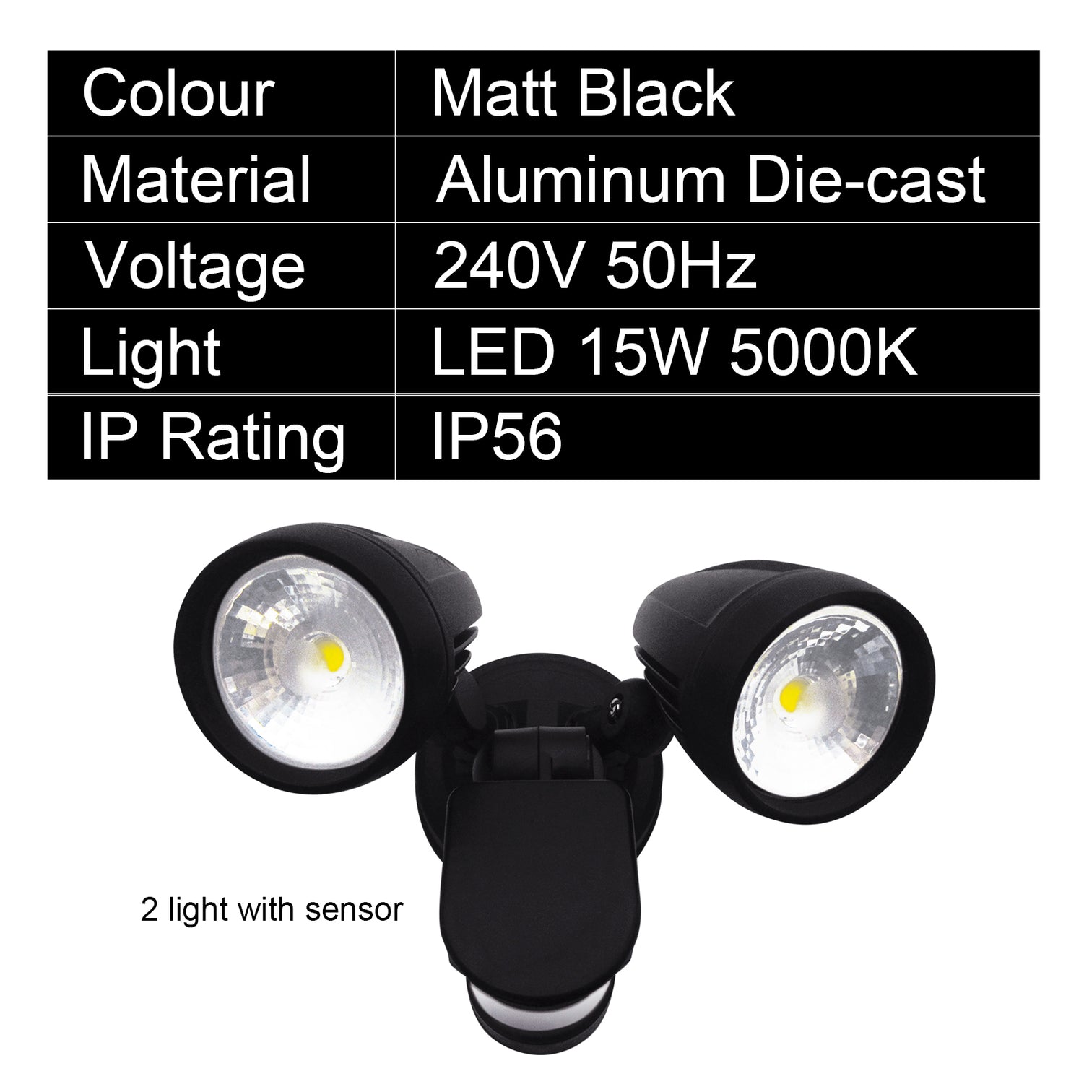 2X15W 5000k LED Outdoor Security Light with Motion Sensor Garage Spotlight Light Matt Black IP56 - 7Pandas Australia