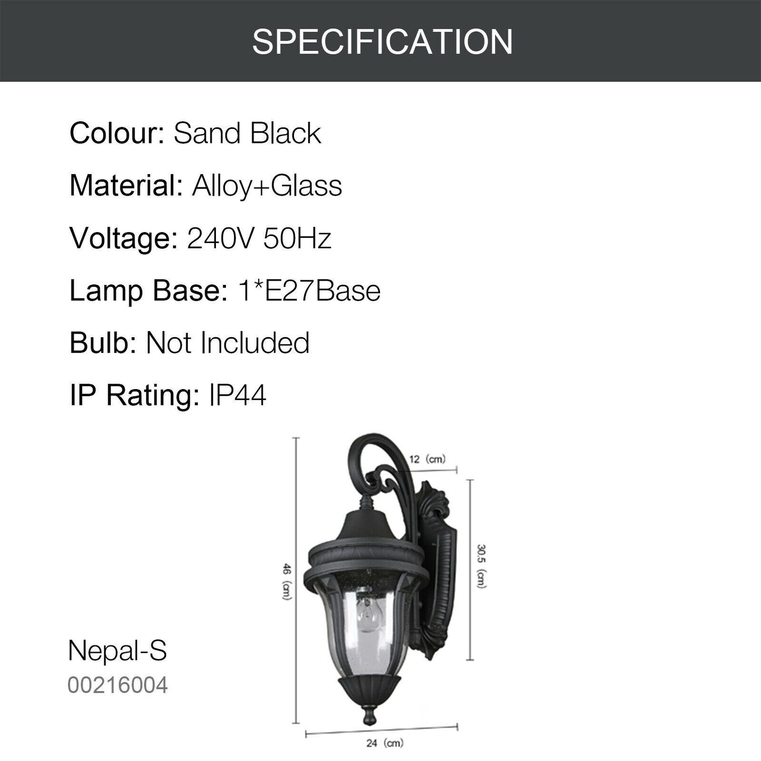 NEPAL Aluminium Die-casting Outdoor Wall Light Glass Shade Sand Black E27 IP44 - 7Pandas Australia