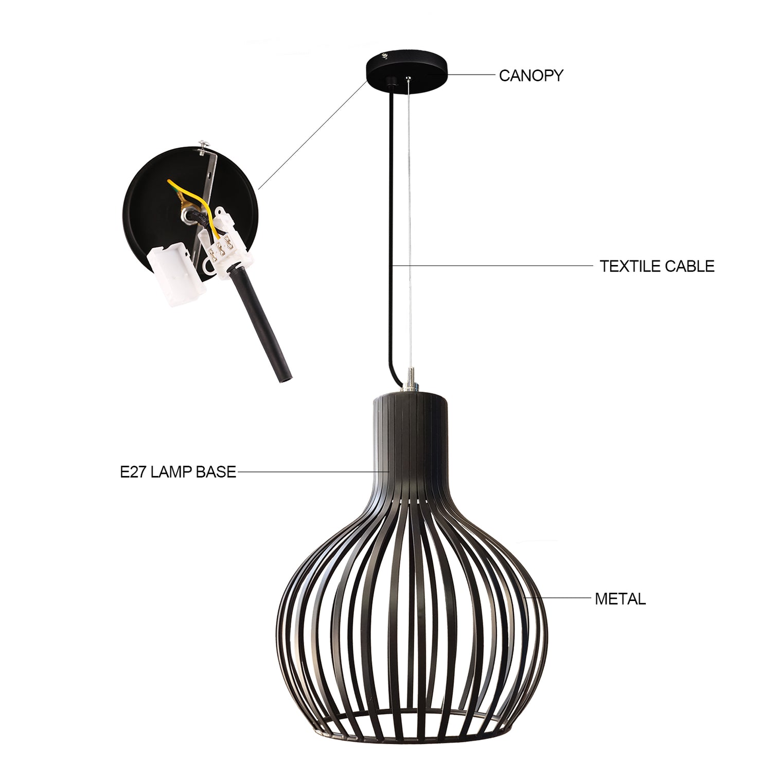 BOLLE Dia 38cm Contemporary Vintage Style Metal Cage Pendant Light Matt Black E27 - 7Pandas Australia
