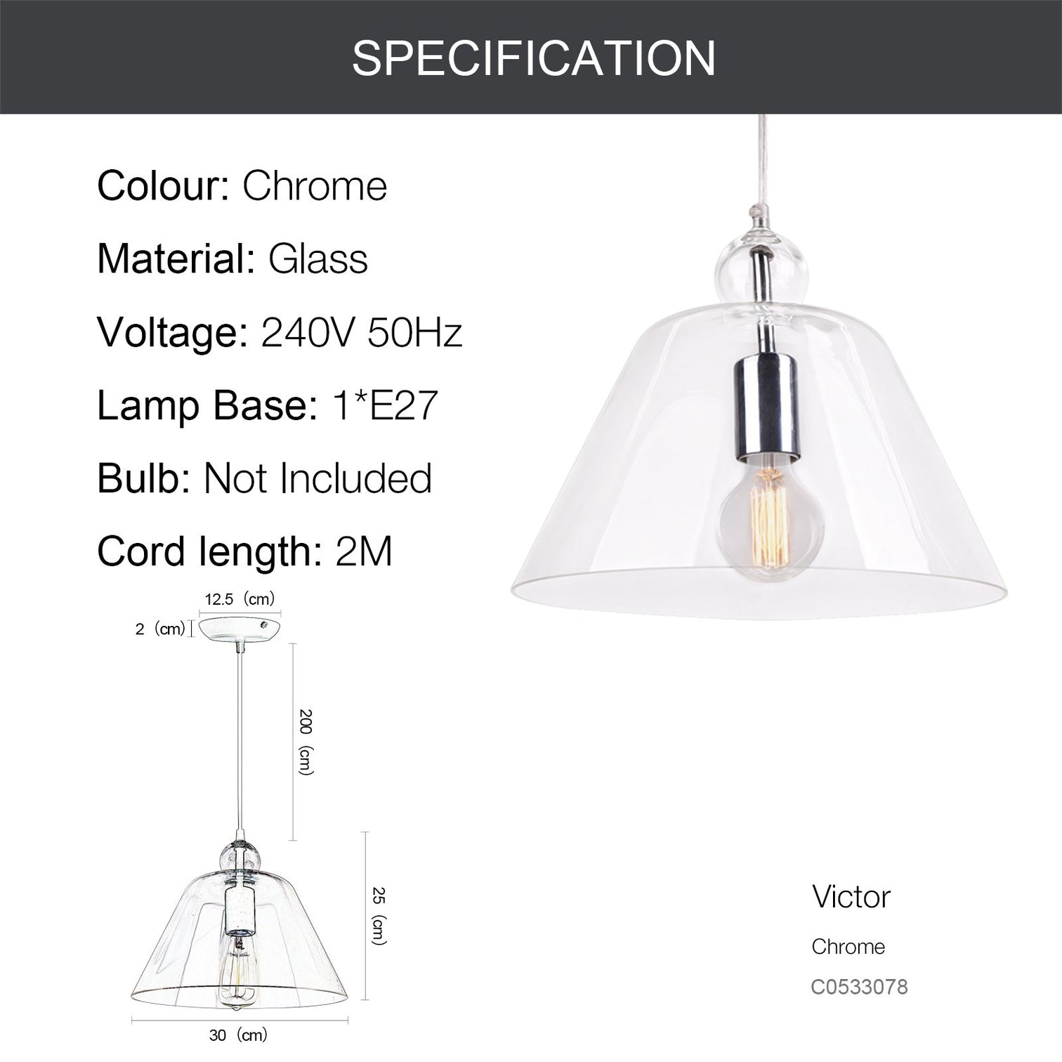 VICTOR Modern Clear Glass Pendant Light Chrome E27 - 7Pandas Australia