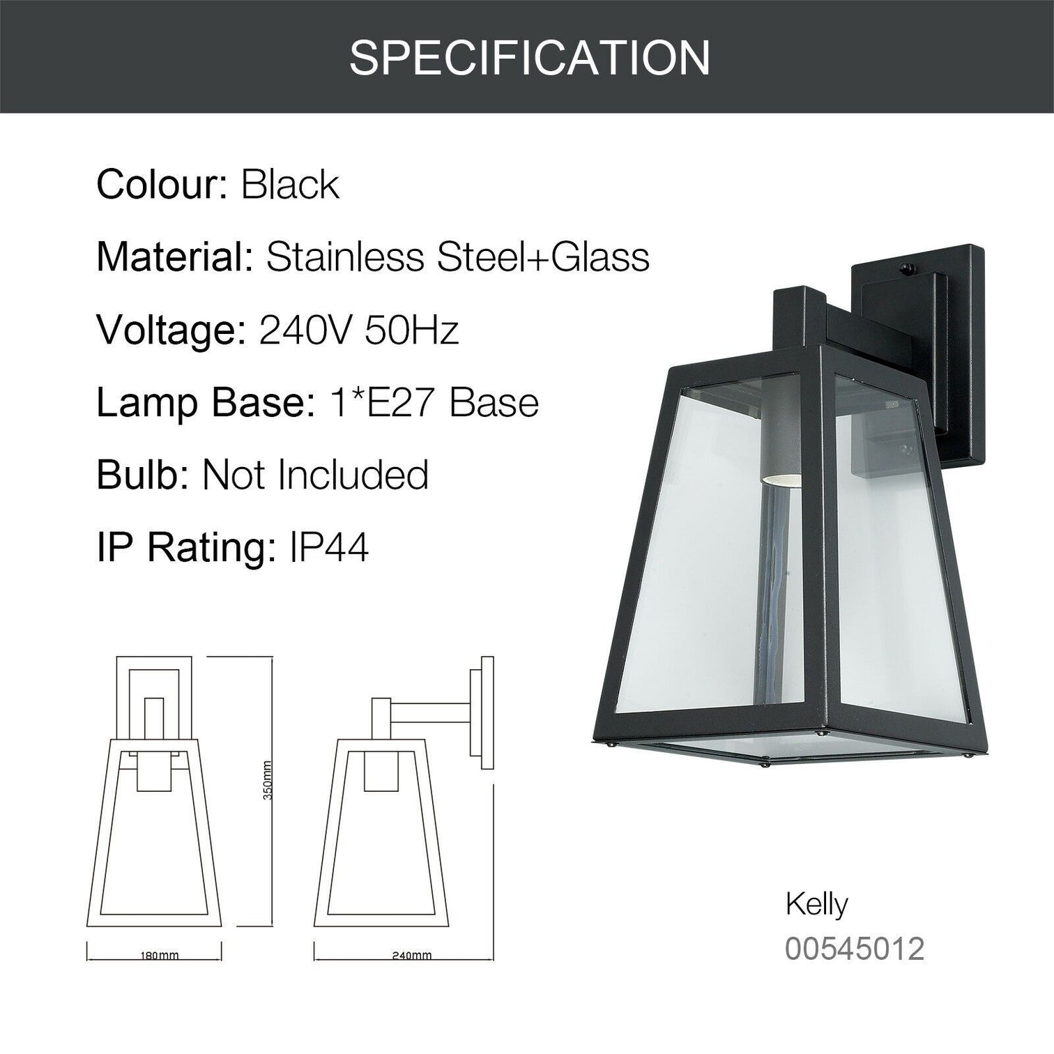 KELLY Metal Steel Powder Coated Outdoor Wall Light Glass Shade Black E27 IP44 - 7Pandas Australia