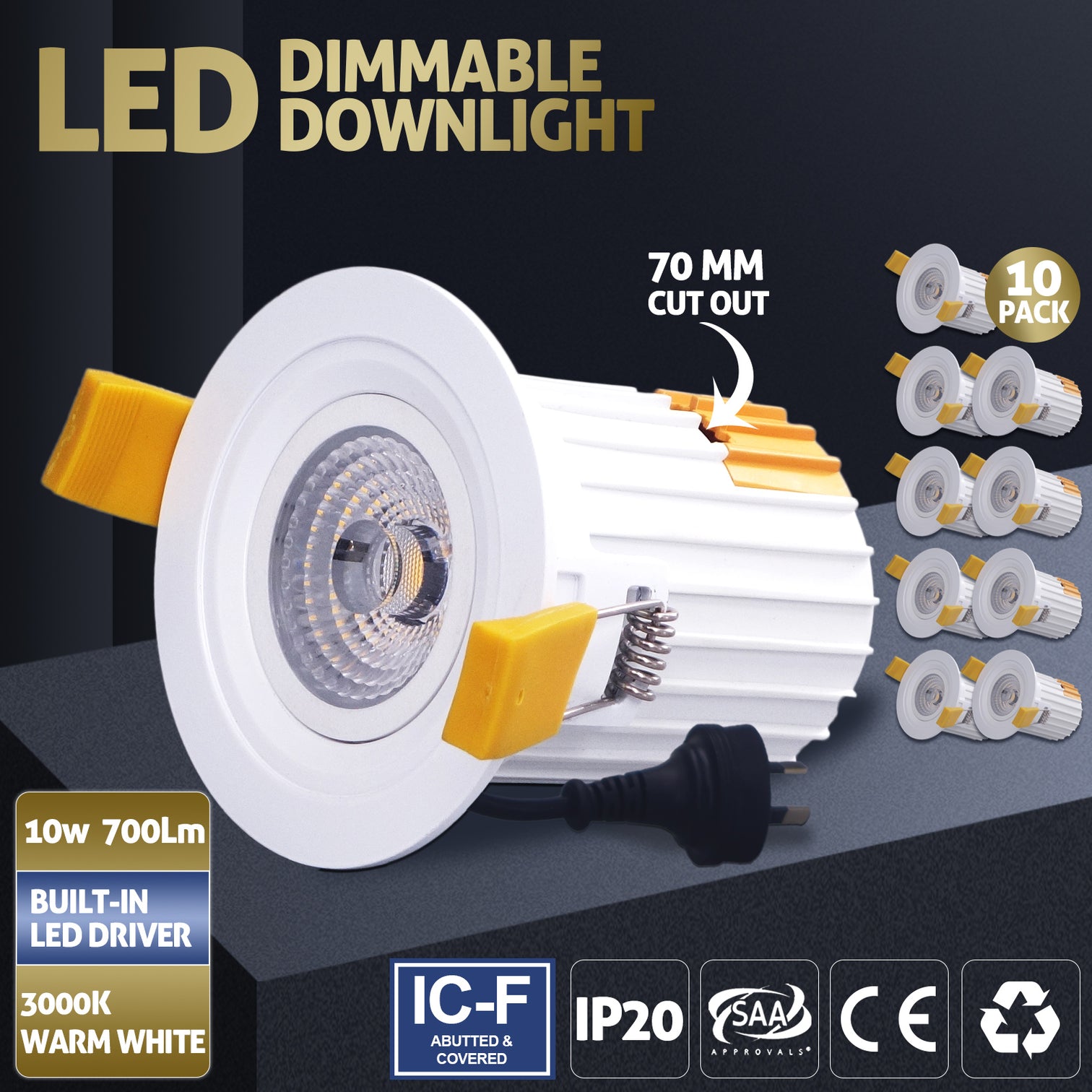 Aluminium die-casting 70cm Cutout Recessed Dimmable LED Downlight 10W 3000K 700LM - 7Pandas Australia