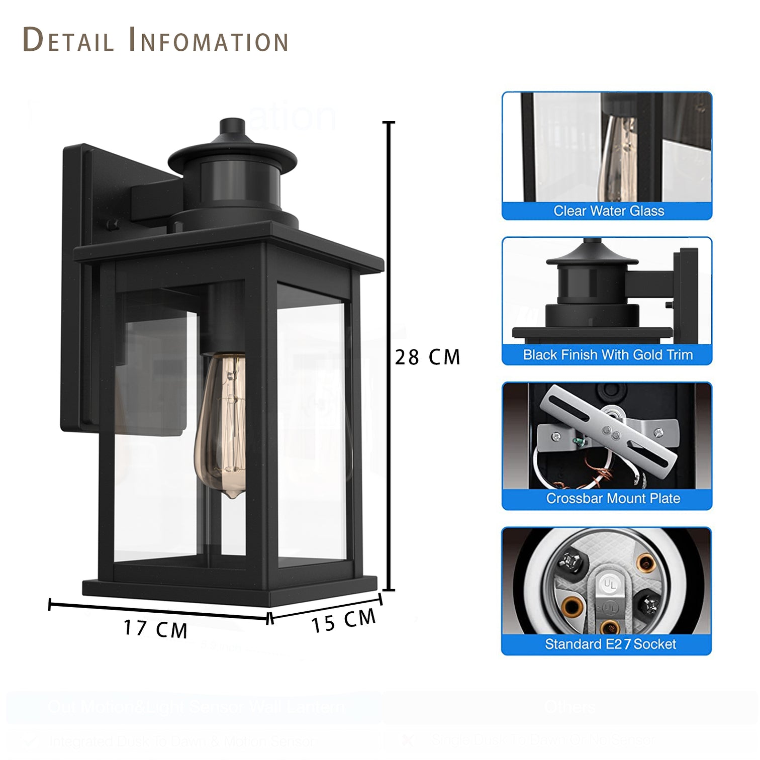 IKO Motion Sensor Outdoor Lights Wall Mount Dusk to Dawn Exterior Light Fixture IP44 Weather proof Matt Black - 7Pandas Australia