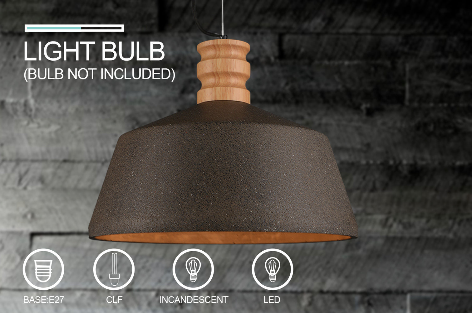 Stylish Concrete Pendant Light Dia 295mm timber Industrial Style Sand Black E27 - 7Pandas Australia