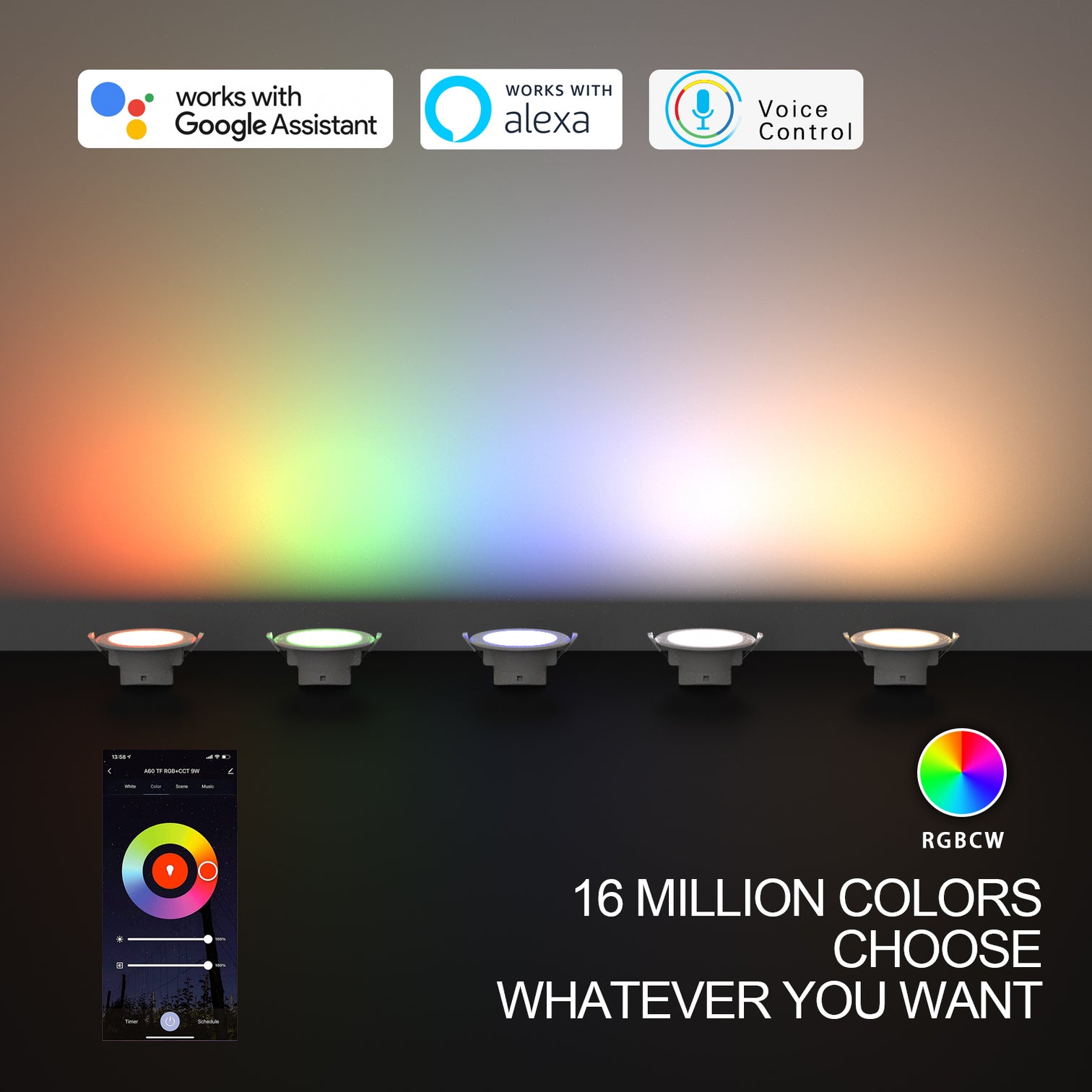 Smart WiFi Recessed Downlight 90mm Cutout 9W RGBCW IP44 Changeable Compatible with Alexa, Google Home No Hub Required 4PACK - 7Pandas Australia