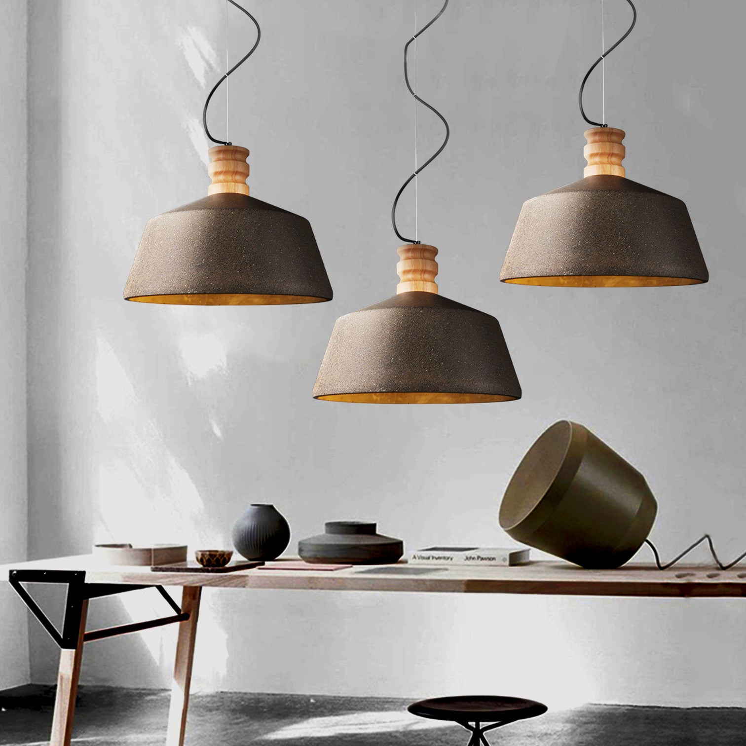 Stylish Concrete Pendant Light Dia 295mm timber Industrial Style Sand Black E27 - 7Pandas Australia