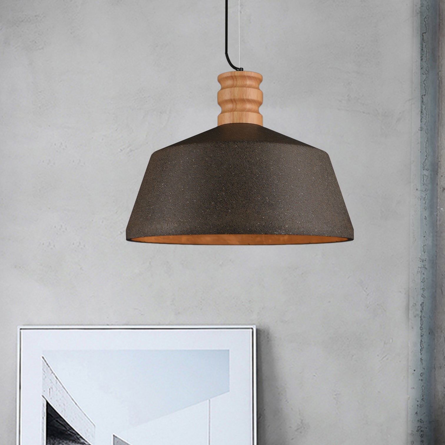 Stylish Concrete Pendant Light Dia 295mm timber Industrial Style Sand Black E27 - 7Pandas Australia